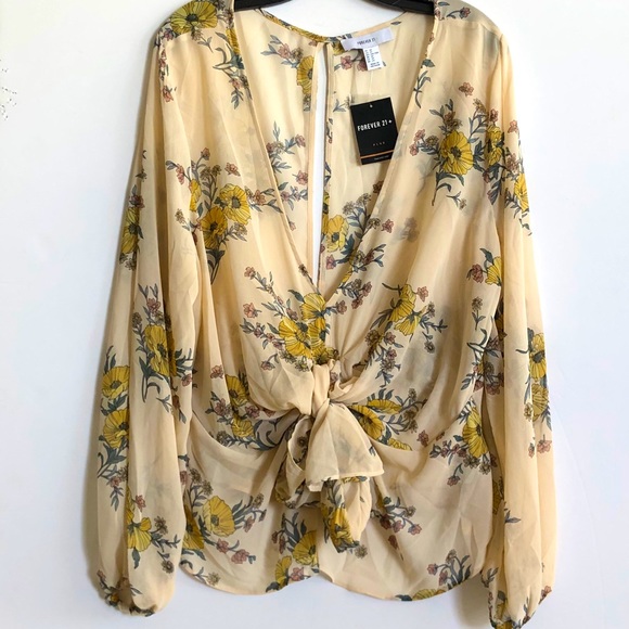 🌴FOREVER 21 Woven Tie-Front Top in Yellow Foral - Picture 2 of 9